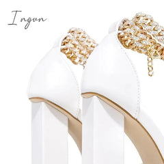 Ingvn - Gold-Tone Chain Embellished Ankle Strap Chunky Heels