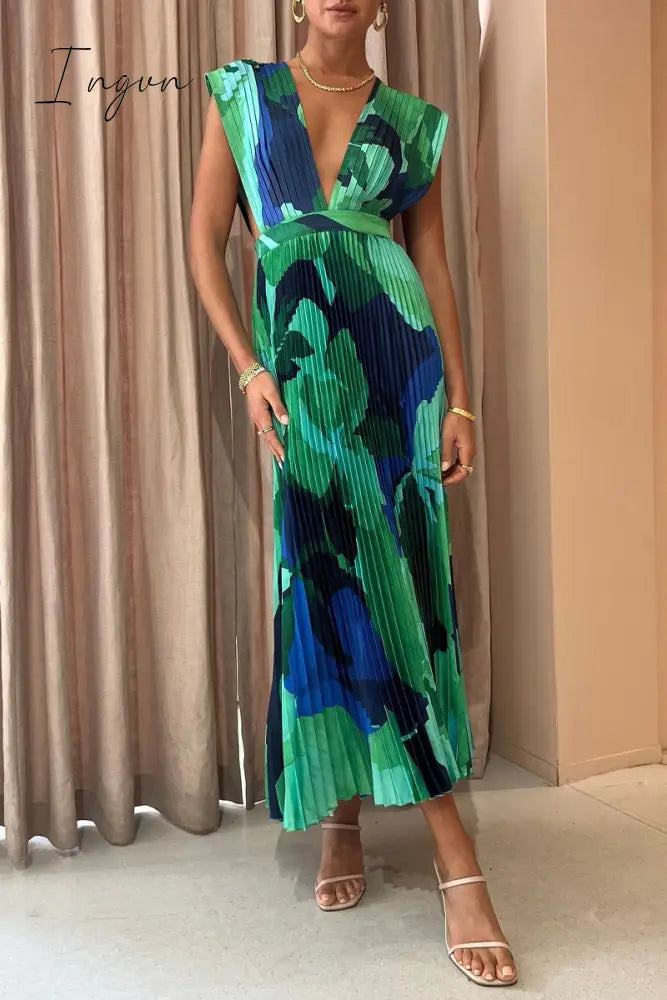 Ingvn - Casual Vacation Print Fold V Neck Sleeveless Dress Dresses