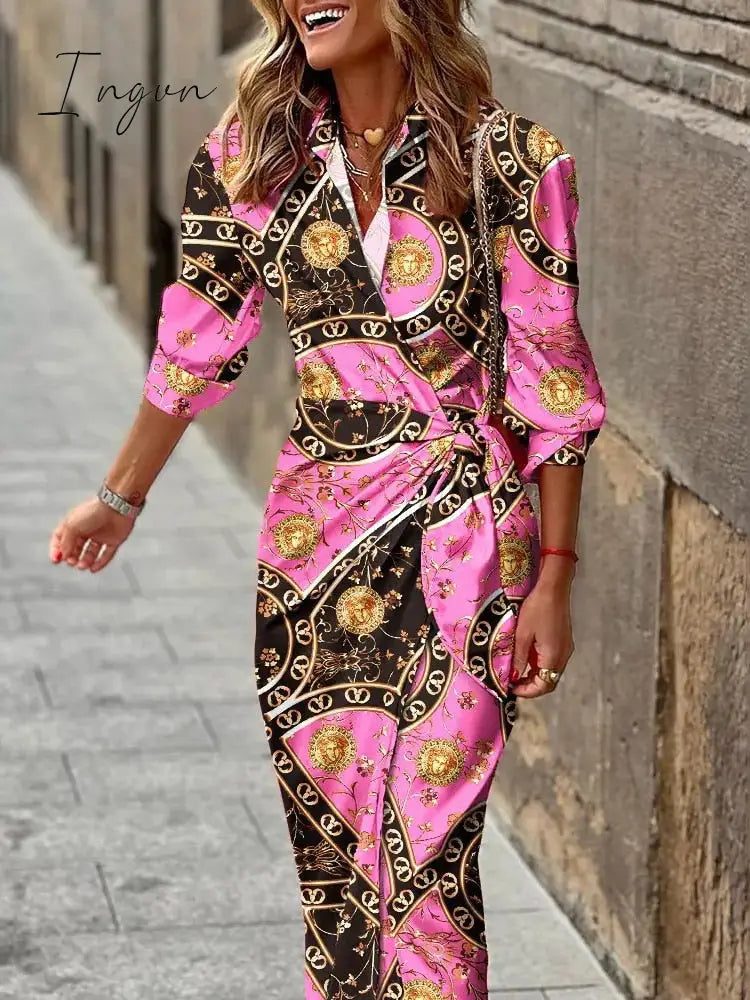 Ingvn - Ladies Elegant V-Neck Tie Waist Print Dress