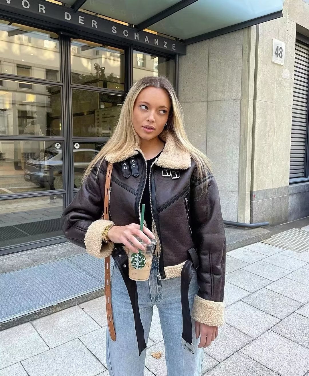 Woman's Fashion Thick Warm Faux Shearling Jacket Coat Vintage Long Sleeve Belt Hem Female Outerwear Chic Tops