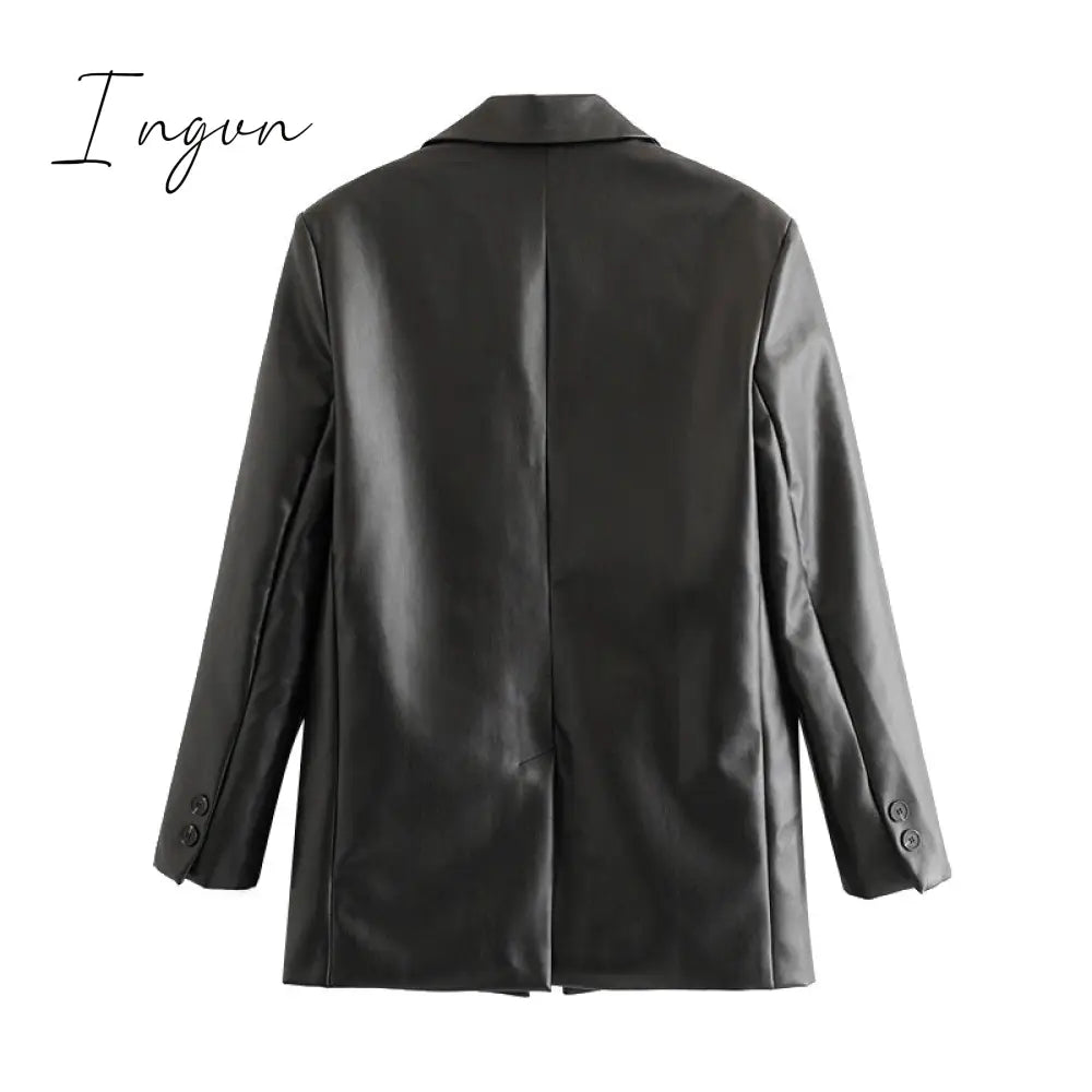 Ingvn - Women Fashion Faux Leather Pockets Loose Blazer Coat Vintage Long Sleeve Back Vents Female Outerwear Chic Tops