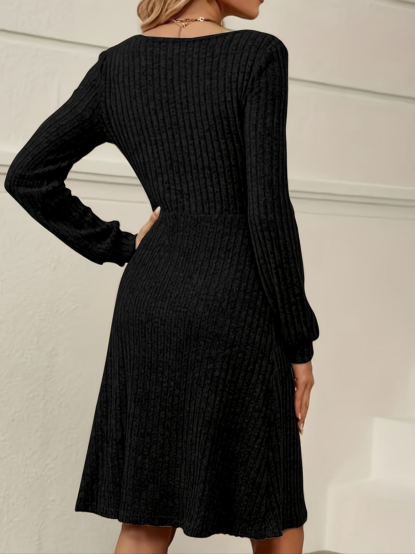 Elegant Square Neck A-Line Long Sleeve Dress - Women's Slim Fit Dresses for Spring & Fall - Chic, Comfortable, and Versatile Clothing for Ladies