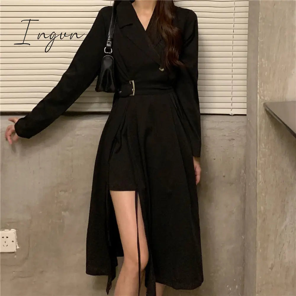 Ingvn - Long Sleeve Dresses Women Bandage Punk Streetwear Hipster Vestidos Mujer Elegant Popular Side Slit A-Line Charm Vintage Ulzzang