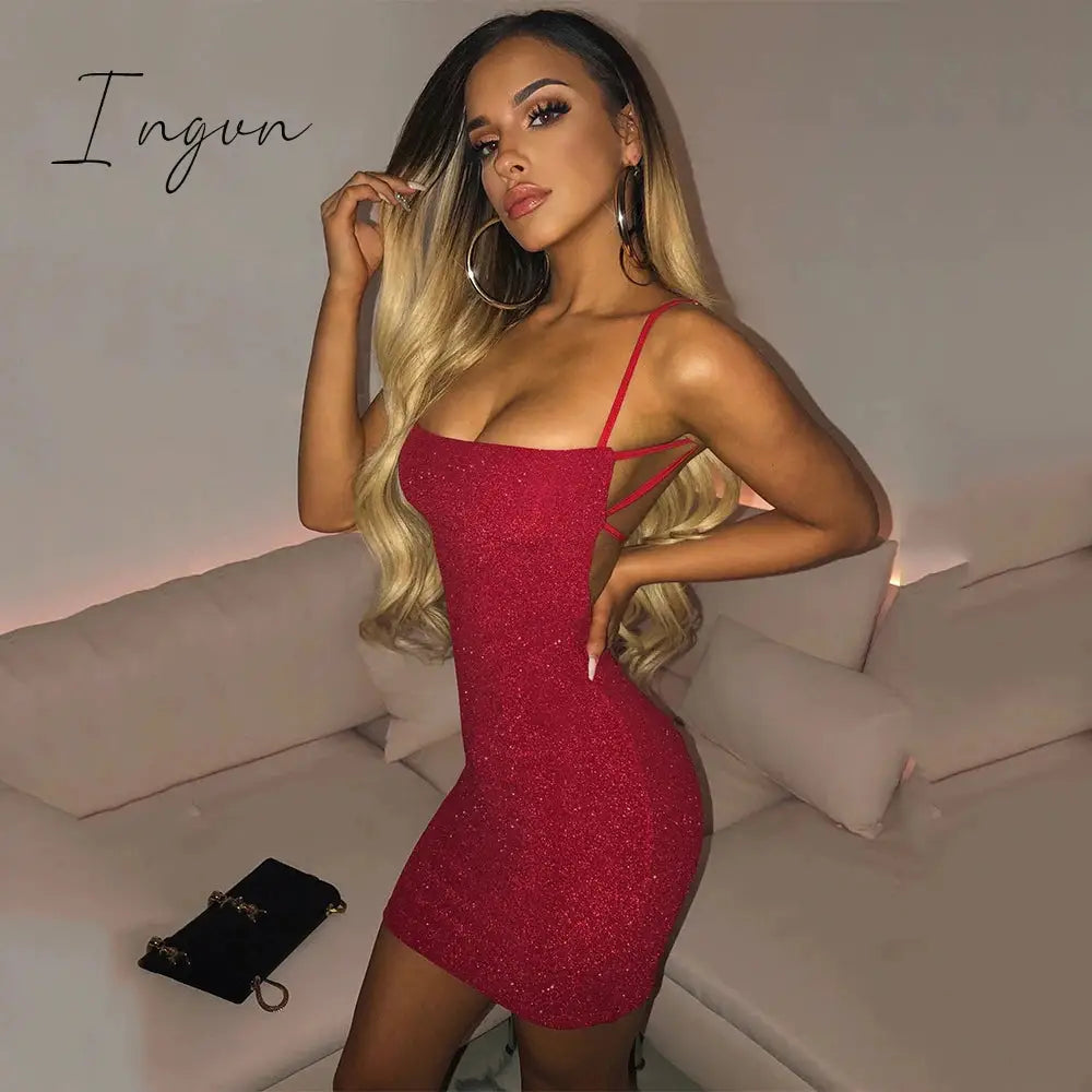 Ingvn - Bling Glitter Sequin Women Strap Mini Dress Ruched Lace Up Backless Bodycon Sexy Party Club Autumn Winter Elegant