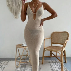 Women's Pure Desire Sexy Hollow Strap Neck Strap Stitching dress Long Dress