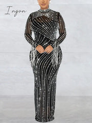 Ingvn - Women's Sexy See Through Rhinestone Bead Mesh Dress Luxury High Neck Long Sleeve Tassels Maxi Party Night Dresses 2 Piece Set