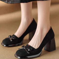 Women Spring Autumn Pumps Chunky High Heels Shoes for Ladies New Bow Suede Fashion Heels Women Brown Platform Square Toe Zapatos