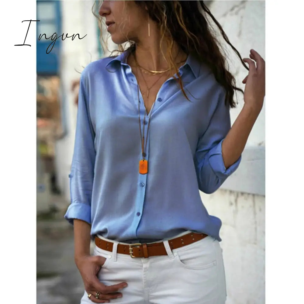 Ingvn - Elegant Long Sleeve Oversized Solid V-Neck Chiffon Blouse Summer Women Tops Female Office Shirts Casual Regular