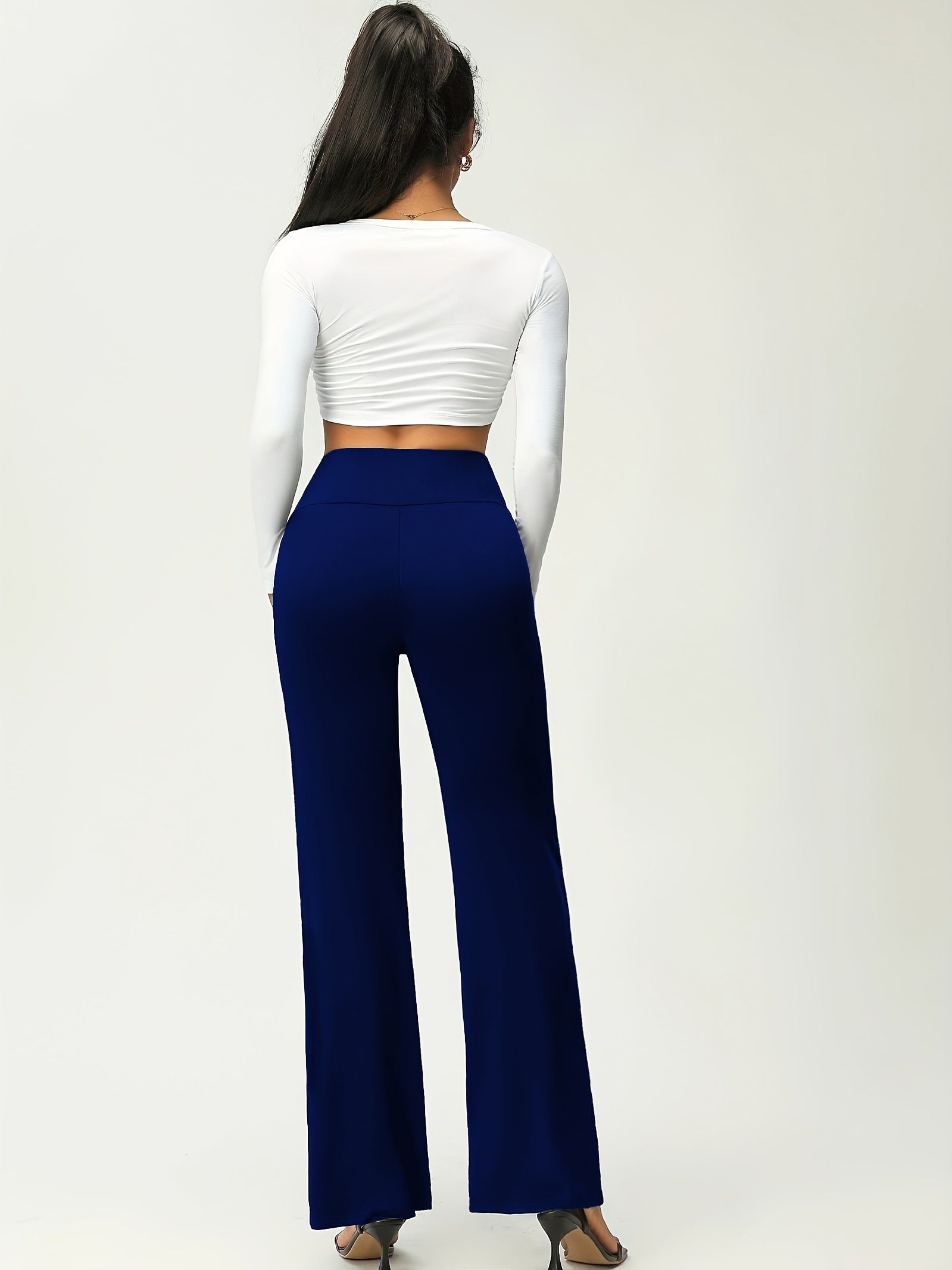 Women's Solid Flare Leg Pants, High Waist Stretchy Pants, Casual Every Day Pants, Women's Clothing