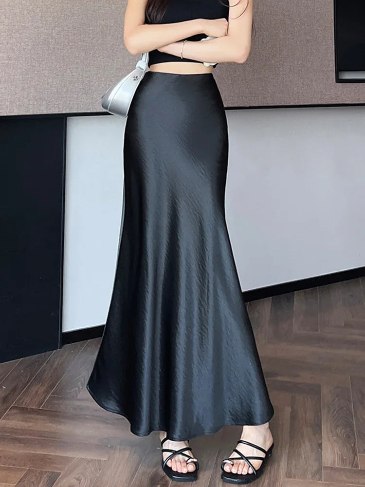 Chic Satin Elegant Long Skirt Women Casual Fashion High Waist Sweet Trumpet Skirts Slim Summer Female Korean Long Skirts