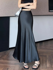 Chic Satin Elegant Long Skirt Women Casual Fashion High Waist Sweet Trumpet Skirts Slim Summer Female Korean Long Skirts
