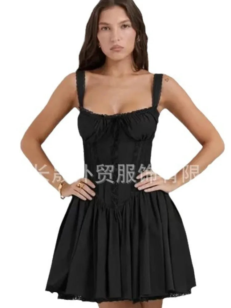 Elegant Sleeveless New Sexy Lace Splicing Dress Woman High Waist Strap Design Solid Color Dress Party Evening Dress