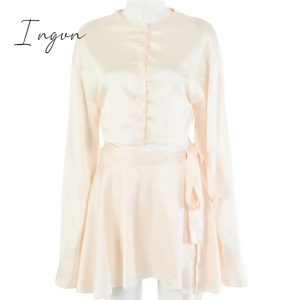 Ingvn - Casual Satin Two Piece Dress Set For Women White O-neck Button Top Bandage Mini Pencil Skirts Outfits Fashion Party Suit