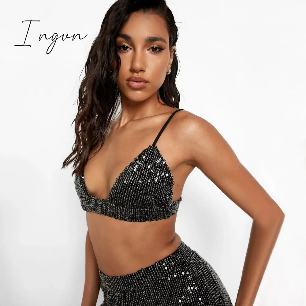 Ingvn - Sparkly Two-piece Set Party Outfits For Womens Sequin Top Blouse Shirt And Pants Suit Female Luxury Evening Tracksuit New