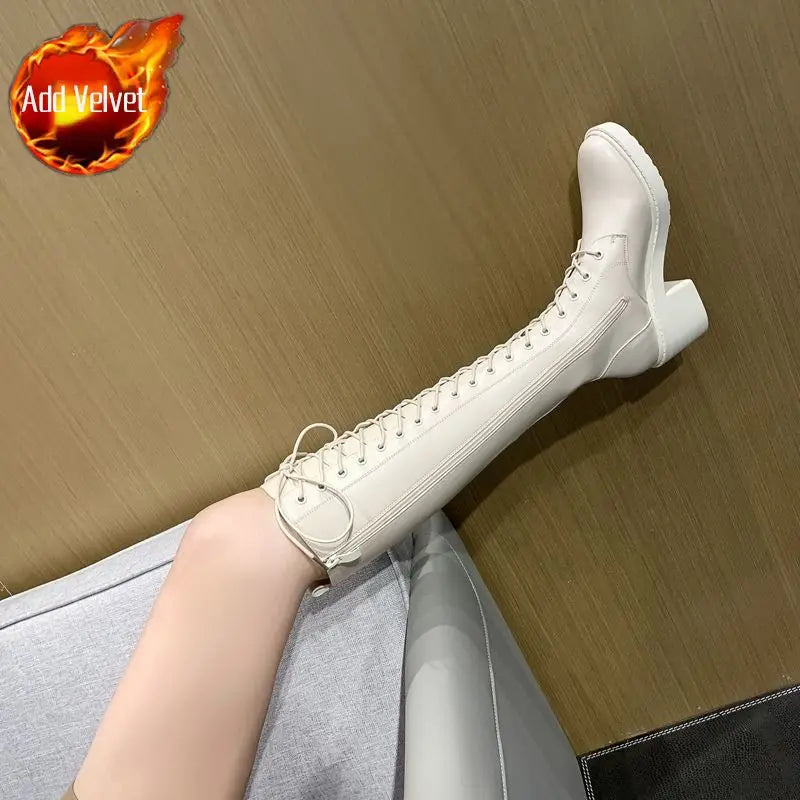 Ingvn  Footwear Long Ladies Boots Elegant Heeled High Heels Shoes for Women Lace-up Winter Knee Shaft with Laces White Spring Autumn Pu