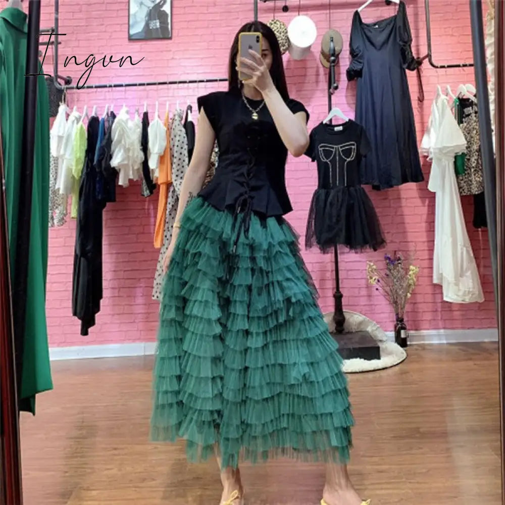 Ingvn - jupe femme Spring Party Skirt Elastic High Waist Long Tulle Skirt Women Multilayer ruffles Pink Mesh Tutu Skirt Ladies