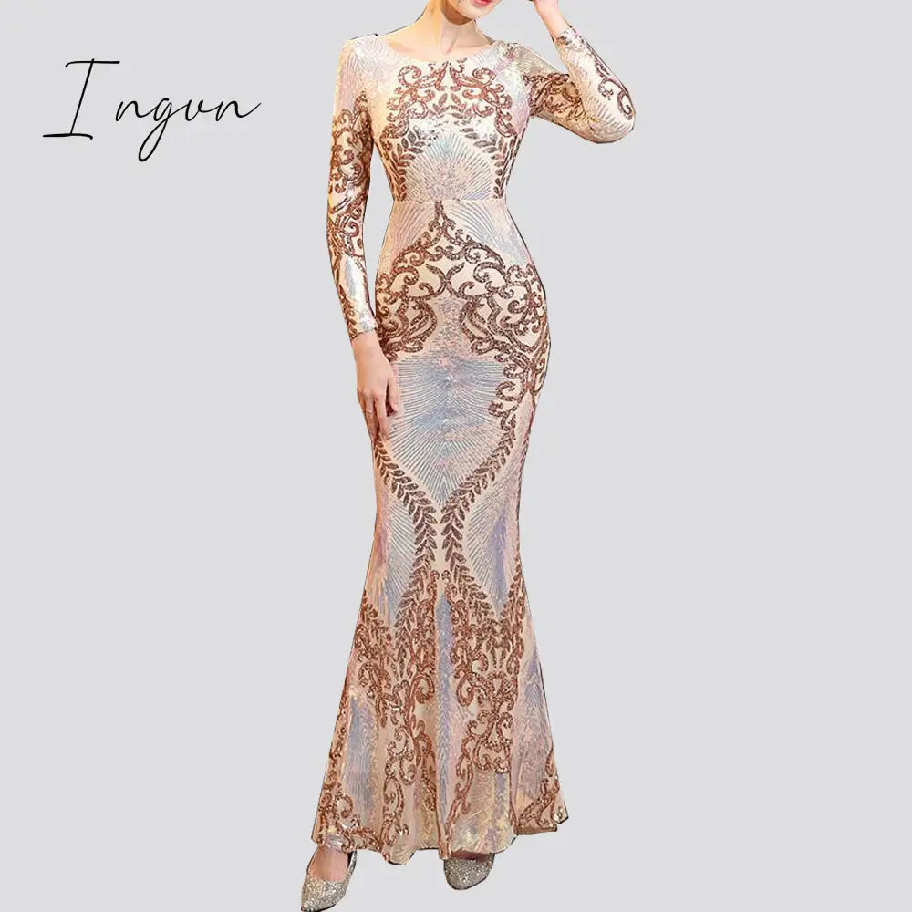 Ingvn - Hot Sale O-neck Long-Sleeve Shinning Sequins Evening Dresses Sexy Backless Mermaid Party Gowns Maxi Elegant Multi Female Robes vestidos