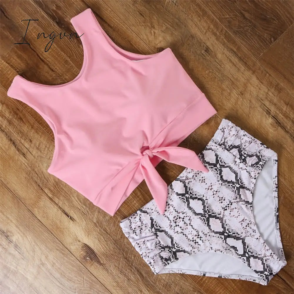 Ingvn - High Waist Bikini Leopard Swimsuit Women Bikini Floral Swimsuit Print High Neck Bikini Push Up Swimwear Snake Bathing Suit