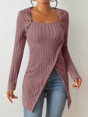 Button Decor Asymmetrical Hem T-Shirt, Casual Ribbed Long Sleeve Top For Spring & Fall, Women's Clothing