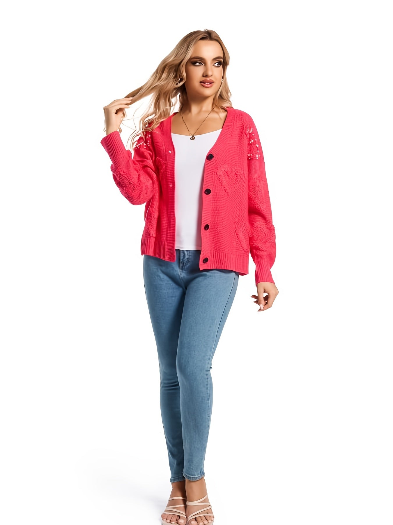 Beaded Heart Pattern Knit Cardigan, Casual Button Down Long Sleeve Sweater, Women's Clothing