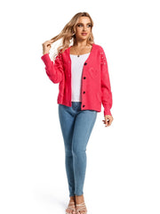 Beaded Heart Pattern Knit Cardigan, Casual Button Down Long Sleeve Sweater, Women's Clothing