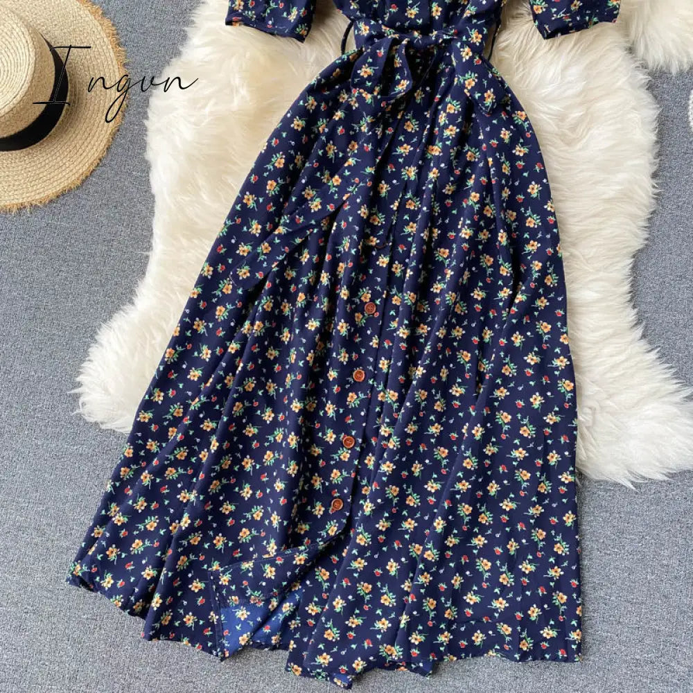 Ingvn - beach Red elegant sexy Dress women Summer Autumn V-neck polka dot midi dress waist split dress vestidos de fiesta clothes