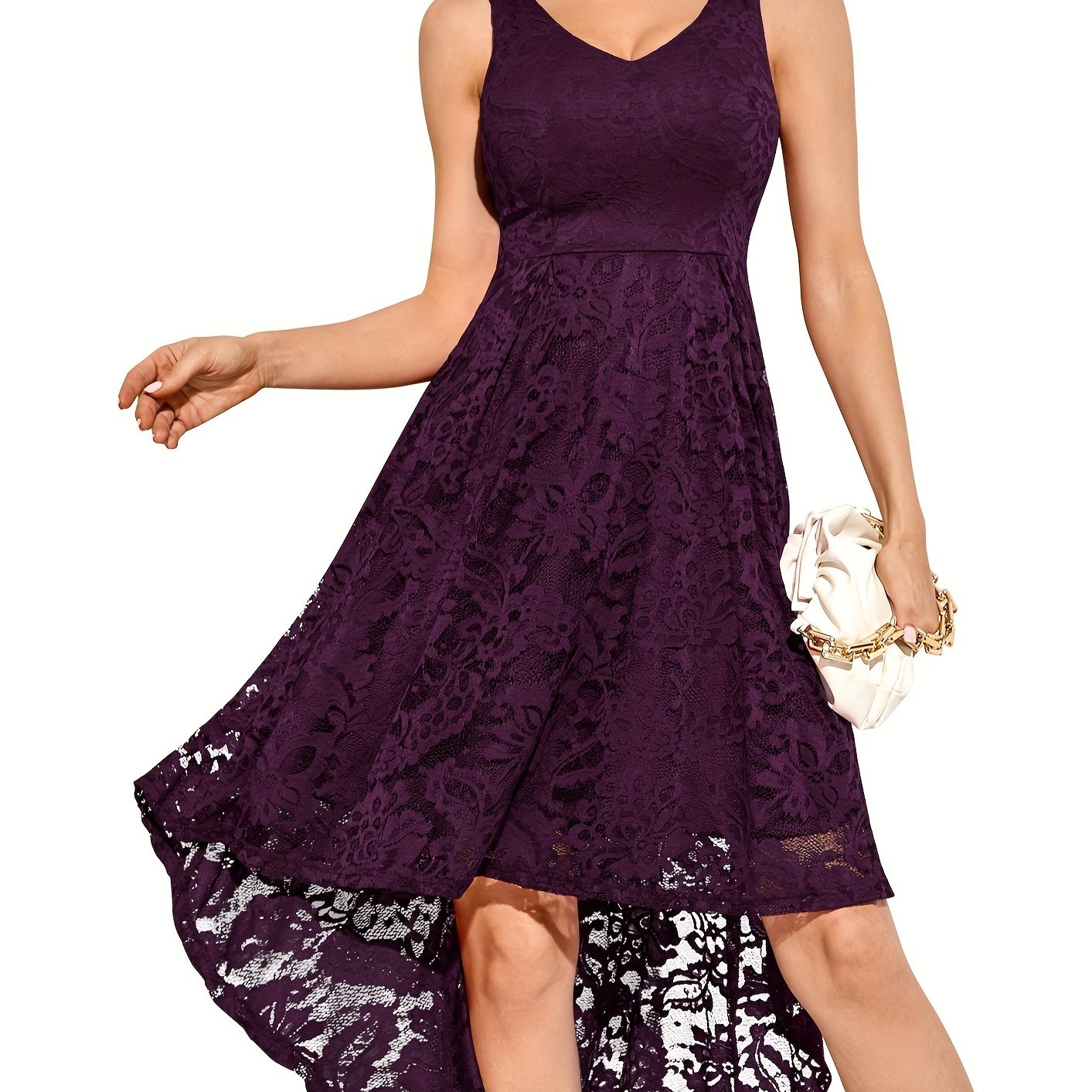 Solid Lace Asymmetrical Hem Dress, Elegant Sleeveless Aline Tank Dress For Wedding Party, Women's Clothing
