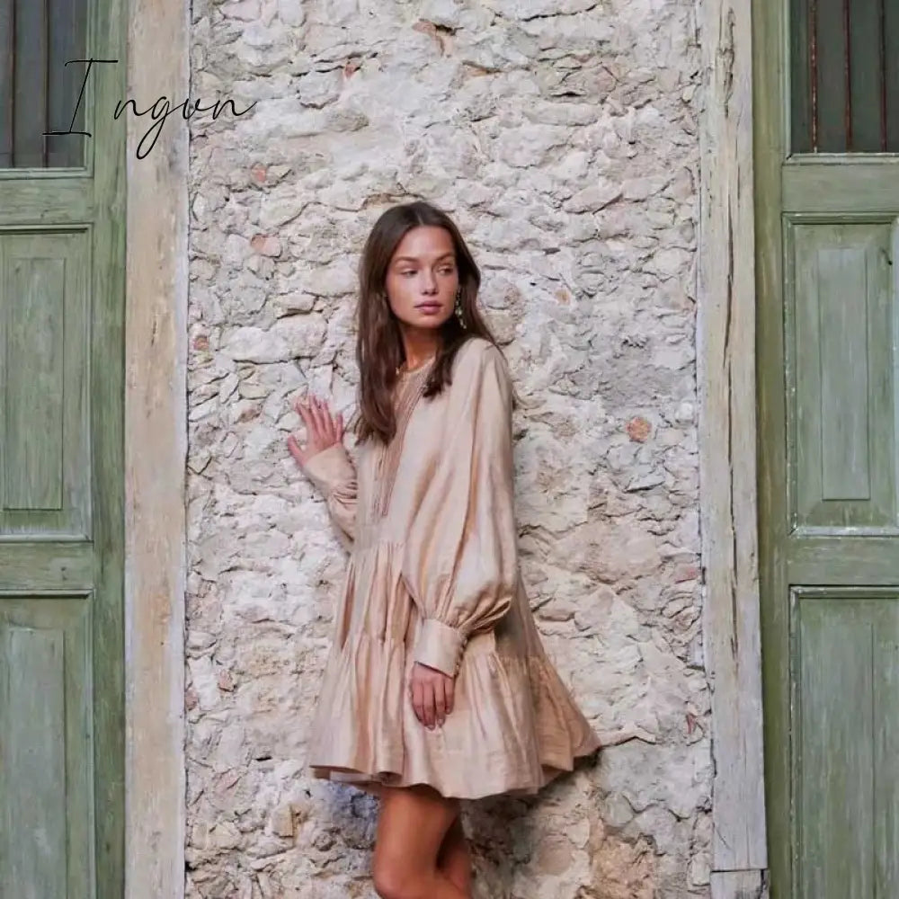 Ingvn - pleating women dress long sleeve spring autumn dress fashion ladies dress pockets mini sexy dress women