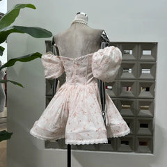 French Spliced Appliques Sweet A Line Dresses For Women Slash Neck High Waist Printing Lace Backless Dress Female Fashion