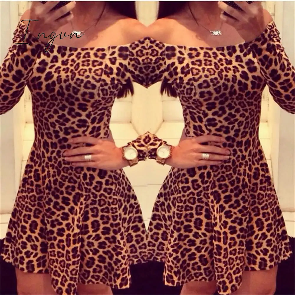 Ingvn - Women Leopard Dresses 2023 Summer Sexy Off Shoulder Bodycon Party Club Dress Leopard Long Sleeve Mini Women Dress Vestido