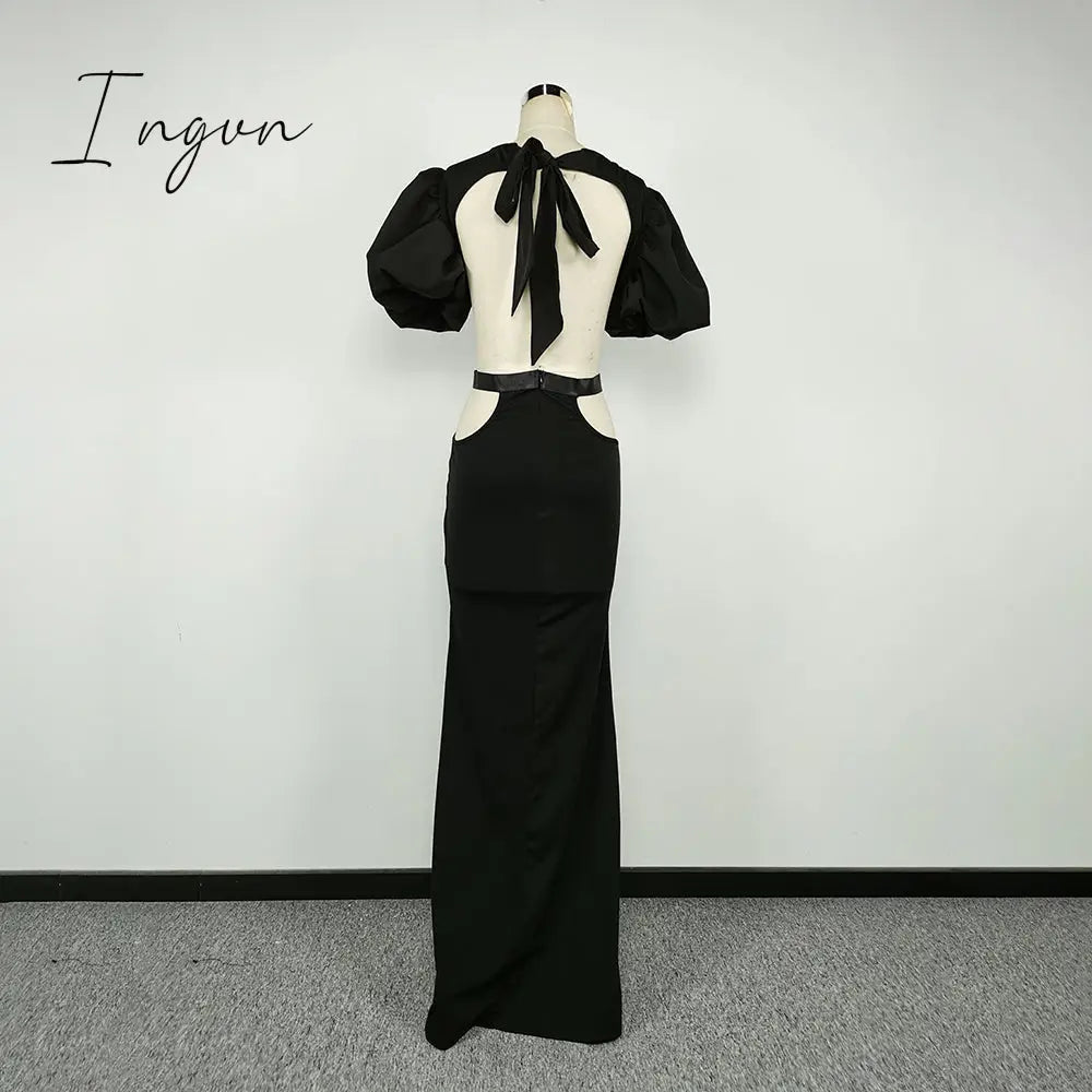 Ingvn - Summer Women's Dress Fashion Cut Out Backless Evening Sexy Night Club Party Black Puff Sleeve Celebrity Long Formal Dress