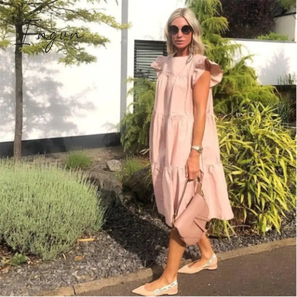 Ingvn - New Summer Solid Color Women Dress Short Sleeve Loose Chic Pleated Dress Beach Casual White Black Pink Dress Lady Vestidos
