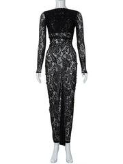 Lace Backless Sexy Maxi Dress For Women Gown Fashion Solid O Neck Long Sleeve Ruched Bodycon Club Long Dress Vestido