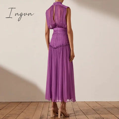 Ingvn - 2023 Summer Women Chiffon Midi Dress Party Stand Collar Sleeveless Pleated Waist Elegant Lady Ruched Floral Long Dress Ruffle