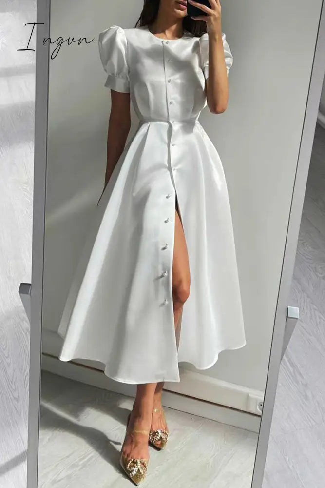 Ingvn - Elegant Solid Buckle O Neck A Line Short Sleeve Dress(5 Colors)