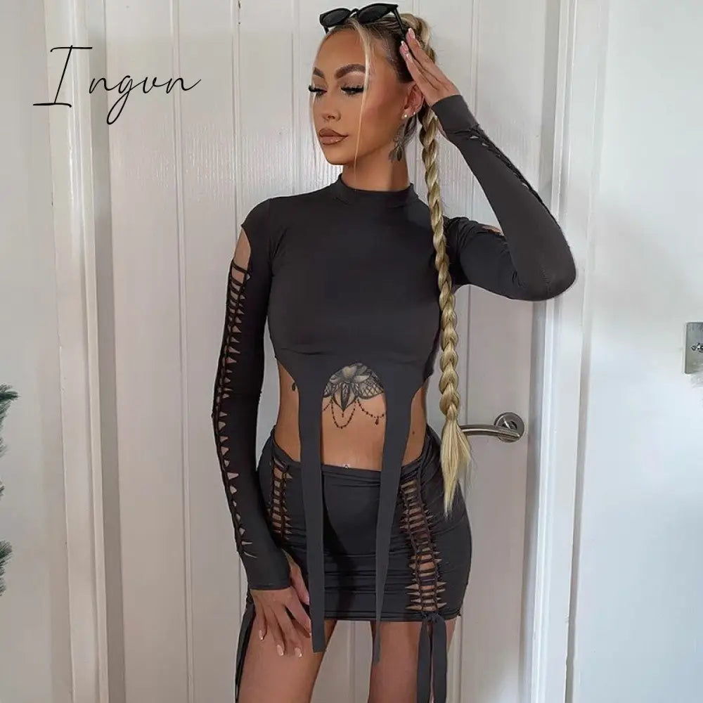 Ingvn - Best Selling Women's Clothing 2023 Autumn New Fashion Holes Long-Sleeved Shirt Slim Short Skirt Suit