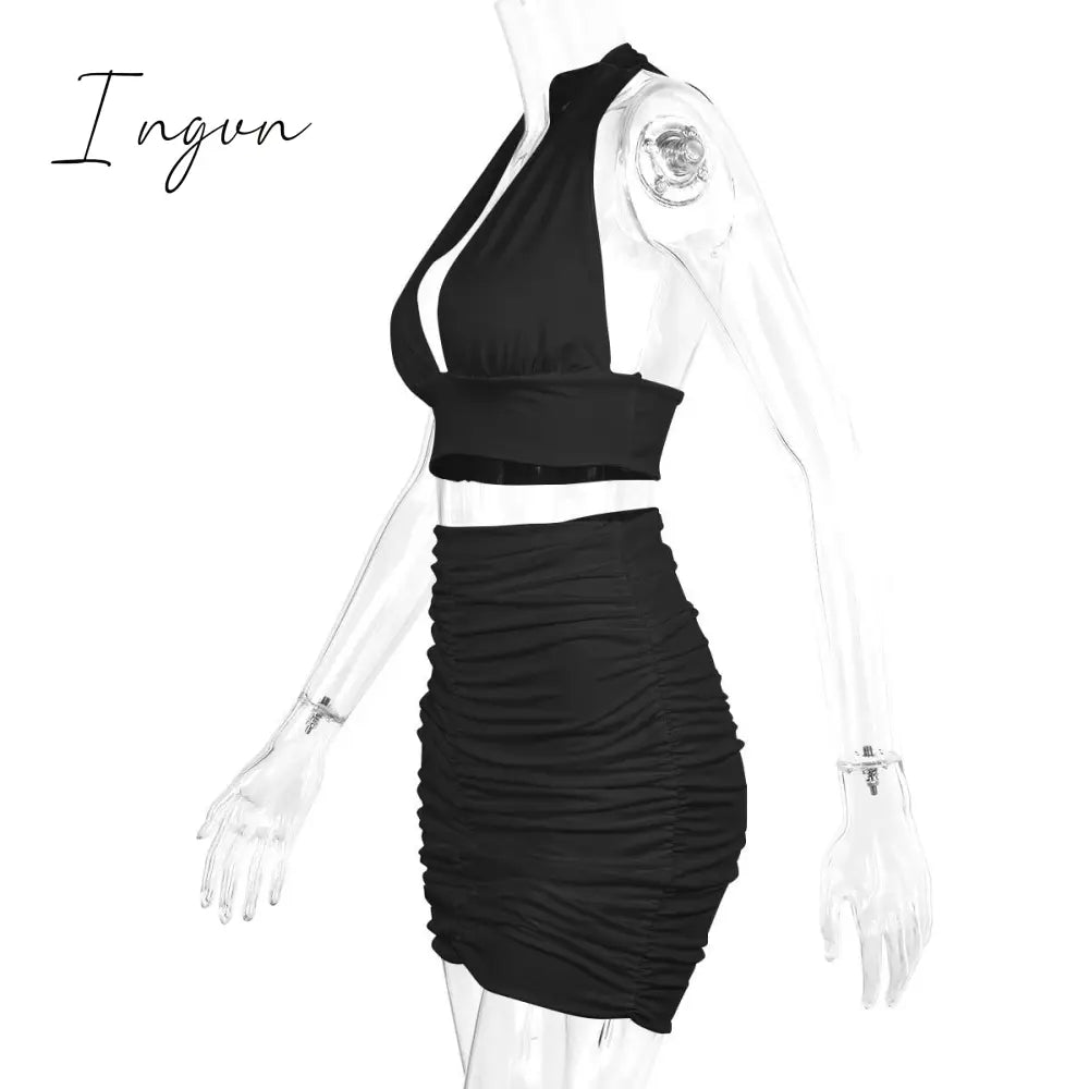Ingvn - 2 PCS Sexy Ruffle Mini Dress Set Black Deep V Top Summer Skirts Suits Bodycon Women Party Tight Short Dress Suit