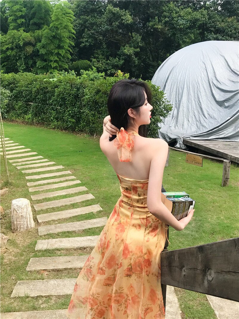 Women Midi Floral Halter Slip Dress Summer Vintage Painting Flowers Backless Casual Party Night Vacation Runway Vestidos