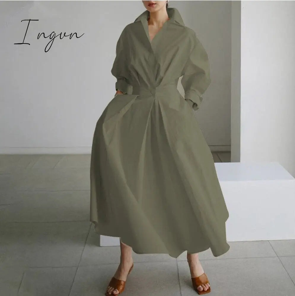 Ingvn - Elegant Women Spring Autumn Sundress Fashion Lapel Neck Long Sleeve Solid Long Shirt Dress OL Vestidos Robe Femme 5XL Long Dress