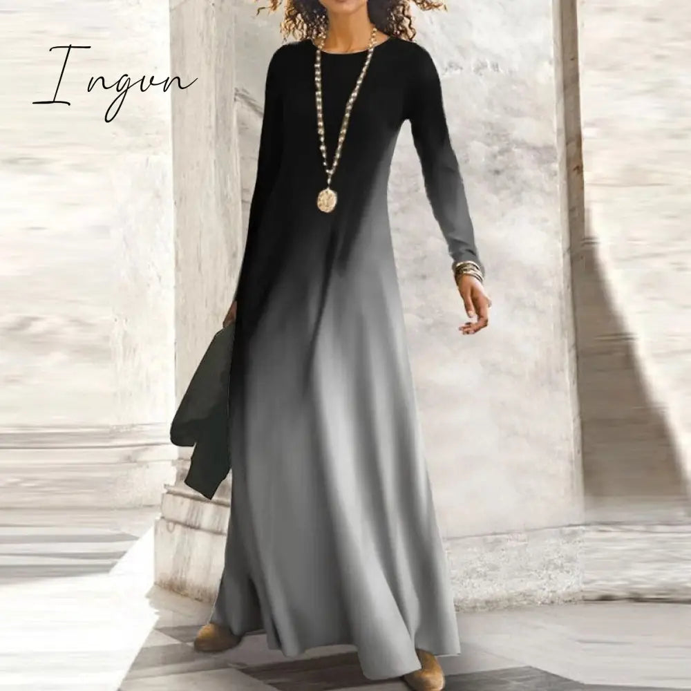 Ingvn - Fashion Shiny Long Office Lady Party Dress Women Vintage Round Neck Long Sleeve Maxi Dress Autumn Slim Boho Spring Dresses