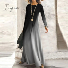 Ingvn - Fashion Shiny Long Office Lady Party Dress Women Vintage Round Neck Long Sleeve Maxi Dress Autumn Slim Boho Spring Dresses
