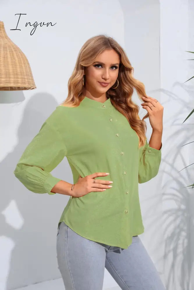 Ingvn - Mock Neck Buttoned Long Sleeve Shirt