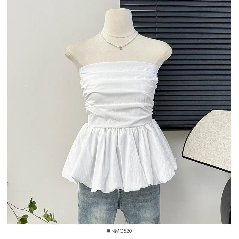 French One Shoulder Pleated Slim Tube Top Women Sexy Waist Ruffled Sleeveless Vests Summer Y2k Solid All Match Tanks