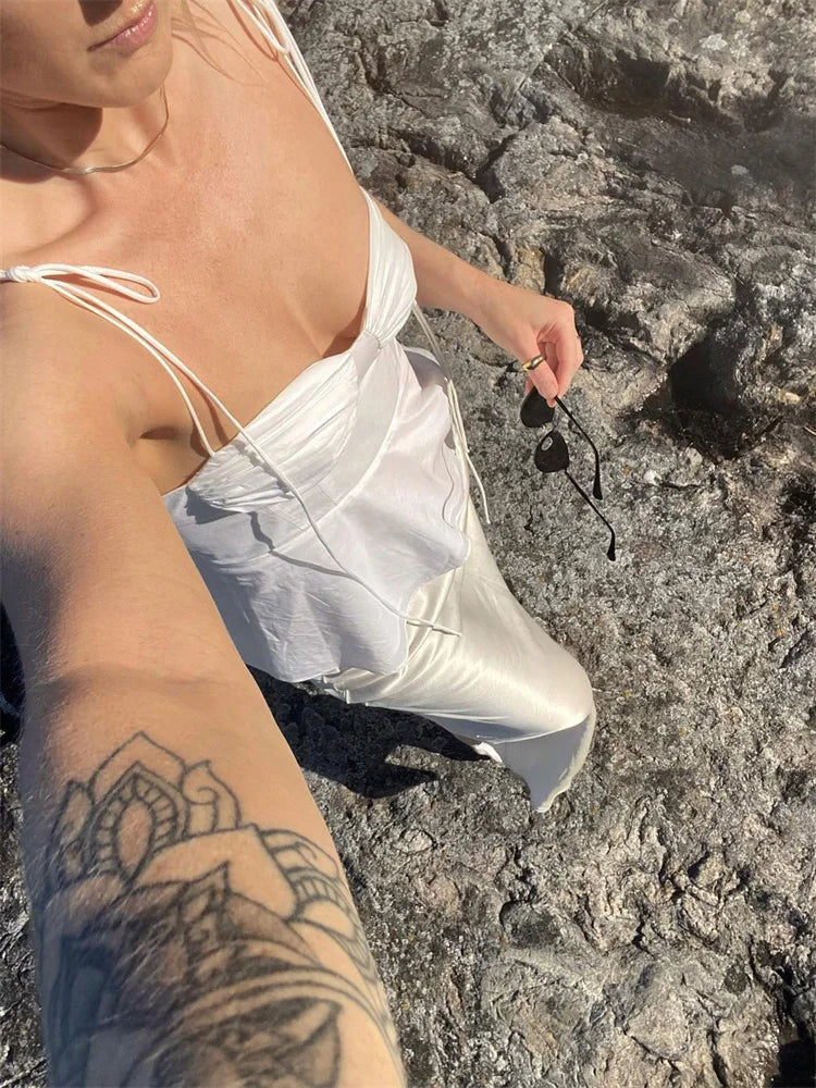 White Smocked Strappy Camisole Women's Sexy Sleeveless Ruffle Slim Bra Solid Color Streetwear Y2k Women's Tops Camisole