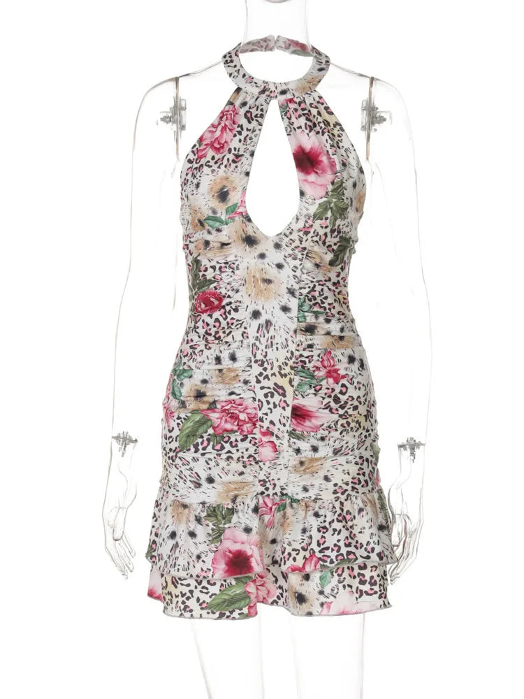 Hollow Out Halter Print Mini Dress For Women Robe Fashion Sleeveless Backless High Waist Ruffled Club Party Dress