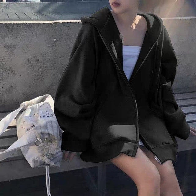 VOGUABLE  Women Hoodies Harajuku Korean Version Zip Up Loose Oversized Sweatshirts Casual Solid Color Long Sleeve Hooded Sweatshirt Coats