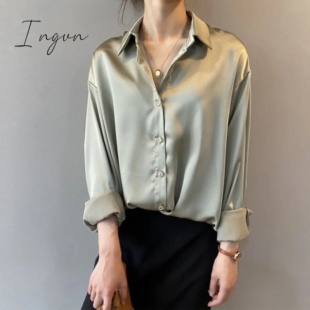 Ingvn - Silk Korean Office Ladies Elegant Shirt Blouse Women Fashion Button Up Satin Shirt Vintage White Long Sleeve Shirts Tops 11355