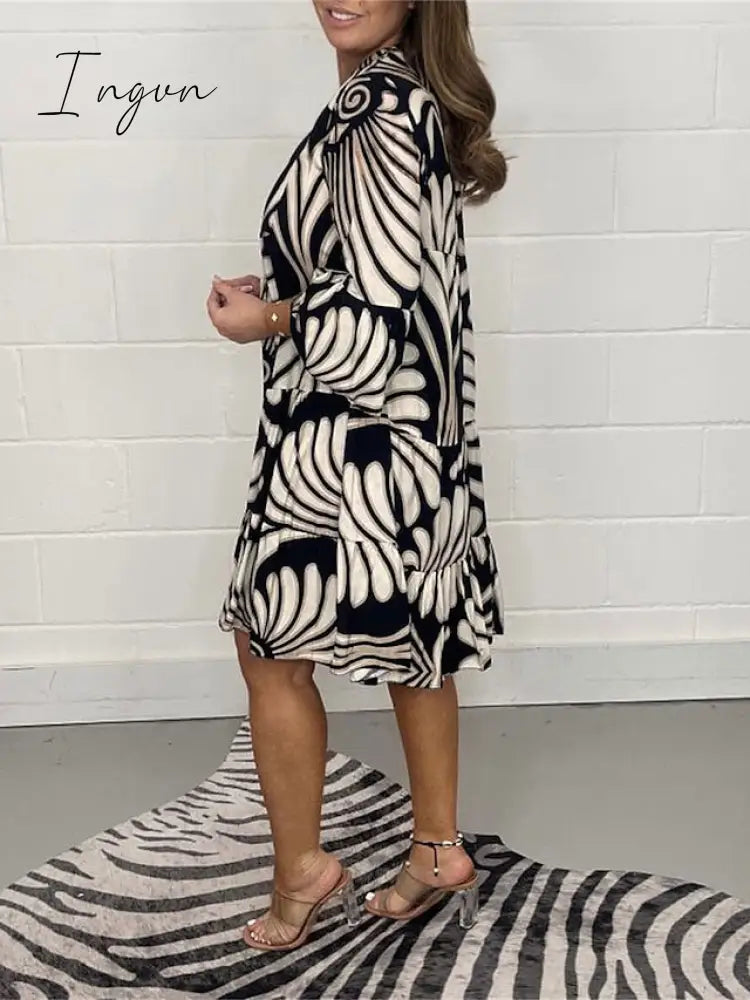 Ingvn - Women's Casual Dress Print Dress Spring Dress Floral Ruffle Button Split Neck Midi Dress Fashion Classic Outdoor Daily 3/4 Length Sleeve Regular Fit Black Blue Green Summer Spring S M L XL XXL