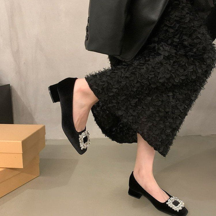 High-grade Rhinestone Shallow Mouth Shoes Women's Elegant Shallow Mouth Spring and Autumn New All-match Square-toe Flat Bean Shoes