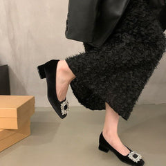 High-grade Rhinestone Shallow Mouth Shoes Women's Elegant Shallow Mouth Spring and Autumn New All-match Square-toe Flat Bean Shoes